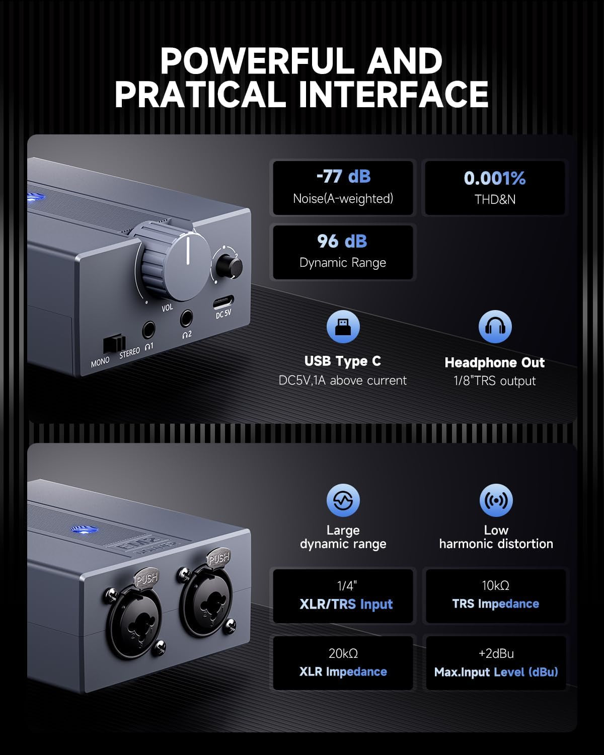 Headphone Amplifier DC 5V-1A, 3.5Mm Rechargeable Portable Headphone Amp Using 8Ω-250Ω Impedance, with 2 XLR and 1/4” TRS Input Portable In-Ear Monitor Amp