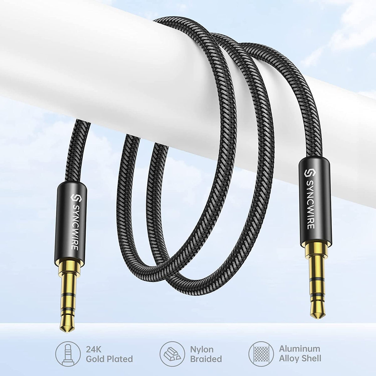 Aux Cable 3.5Mm –3.3Ft/1M- Nylon Braided Aux Lead for Car, Headphone, Iphone, Ipad, Ipod, Samsung, MP3 Player, Smartphone, Echo Dot, Tablet, Home Stereos, Laptop and More – Black